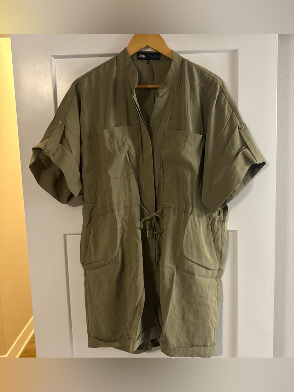 Zara Olive Utility Short-Sleeve Romper